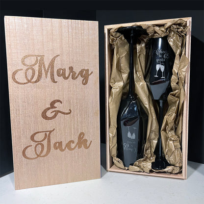 Custom Engraved Flute Glasses in a wooden box.