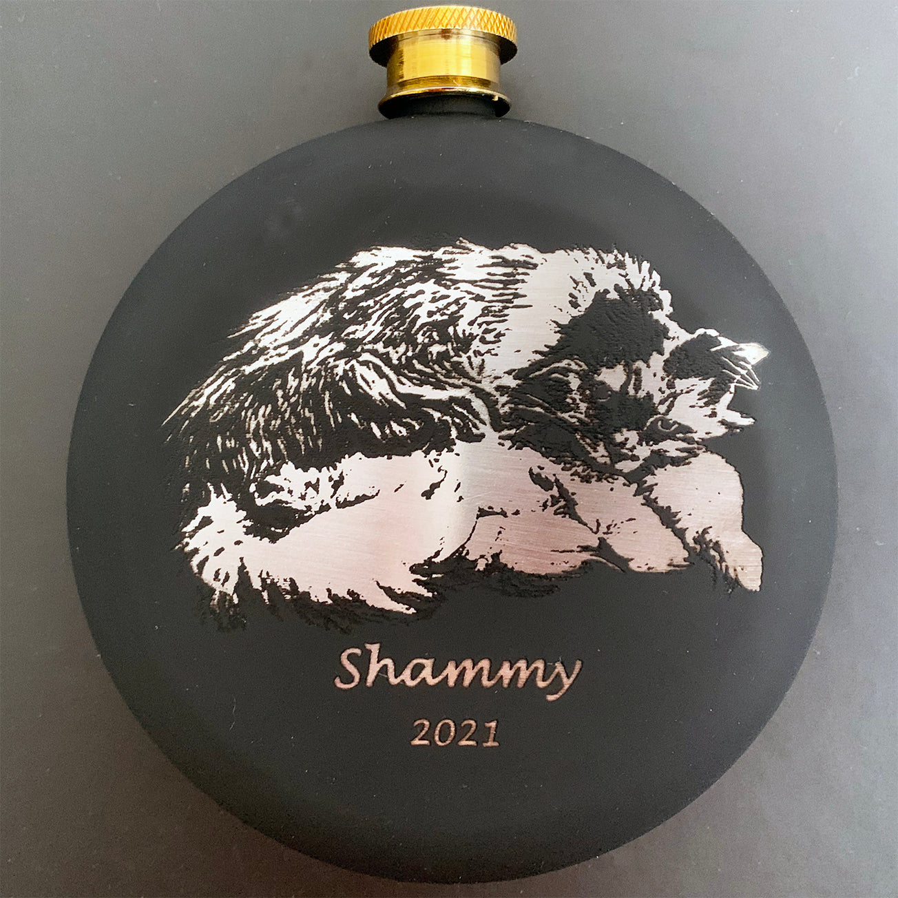 Personalized Round Hip Flask with a engraved photo.