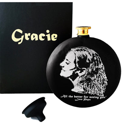 Personalized Round Hip Flask with a engraved photo.