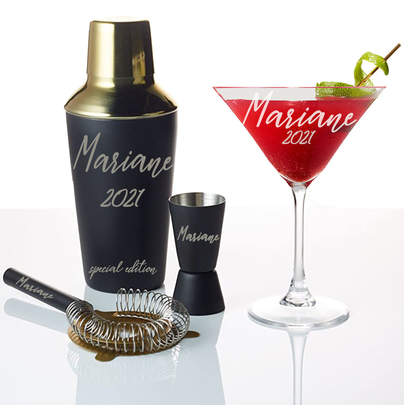 Personalized Cocktail Shaker and Cocktail glass - aartsengravery